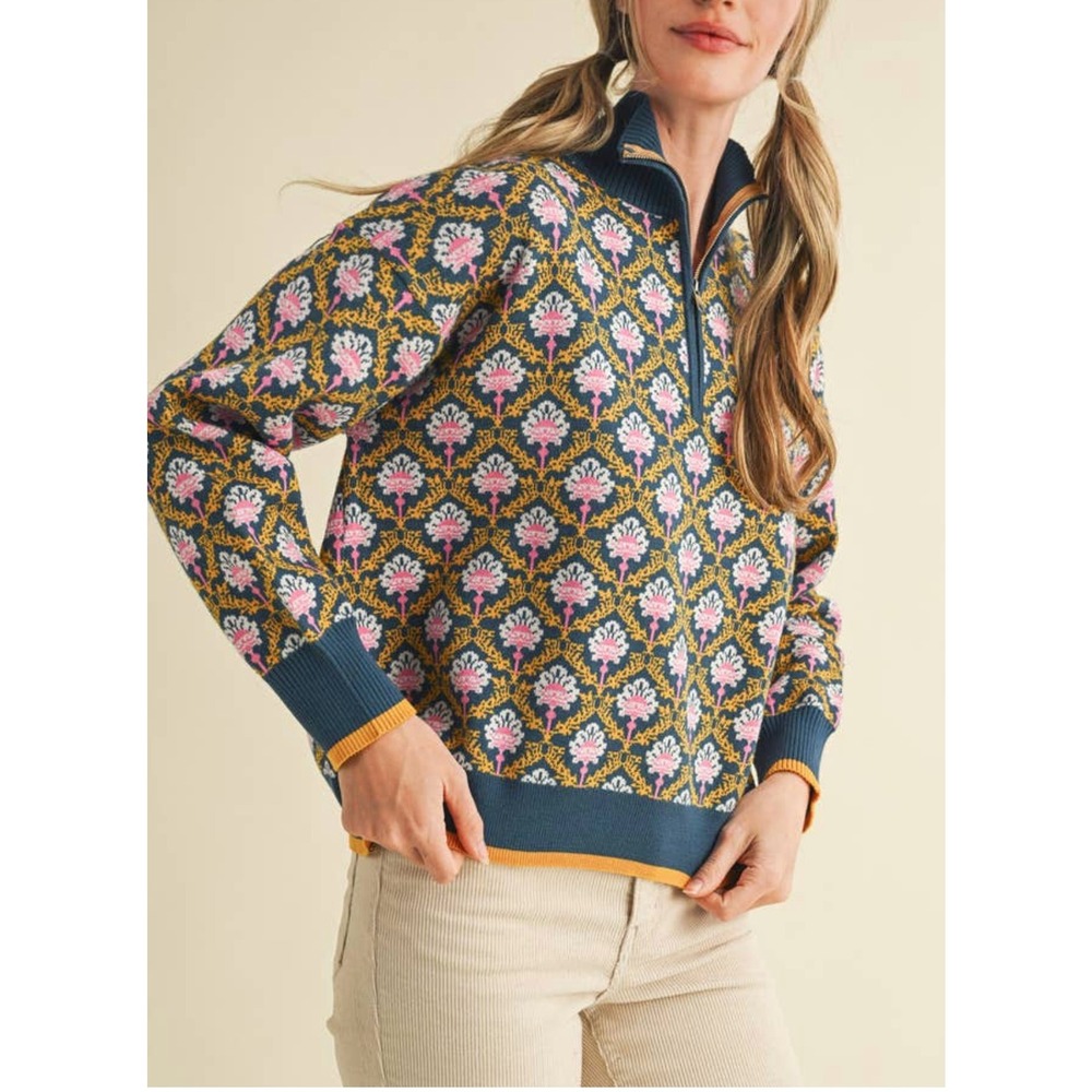 &merci Floral Jacquard Quarter-Zip Sweater Boho Cottagecore Blue Pink |  Large
